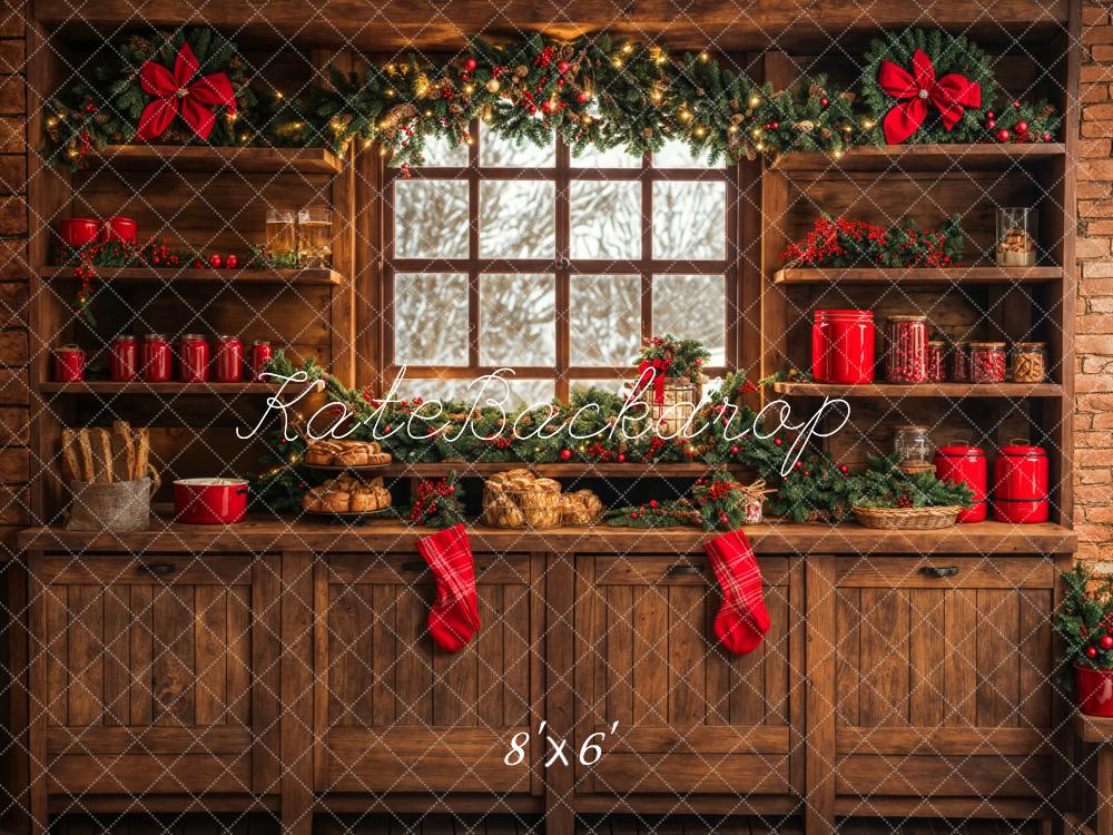 Kate Christmas Kitchen Brown Wooden Cabinets Red Stocking Backdrop Designed by Emetselch -UK