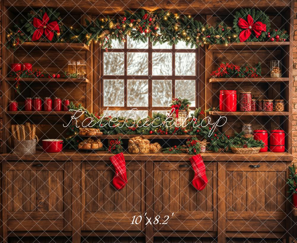 Kate Christmas Kitchen Brown Wooden Cabinets Red Stocking Backdrop Designed by Emetselch -UK