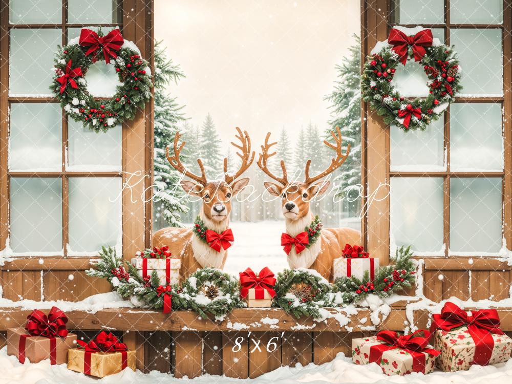 Kate Christmas Elk Wooden Door Snow Backdrop Designed by Emetselch -UK