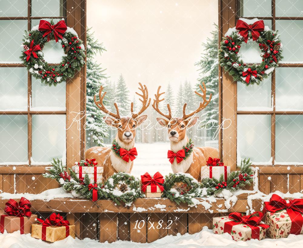 Kate Christmas Elk Wooden Door Snow Backdrop Designed by Emetselch -UK