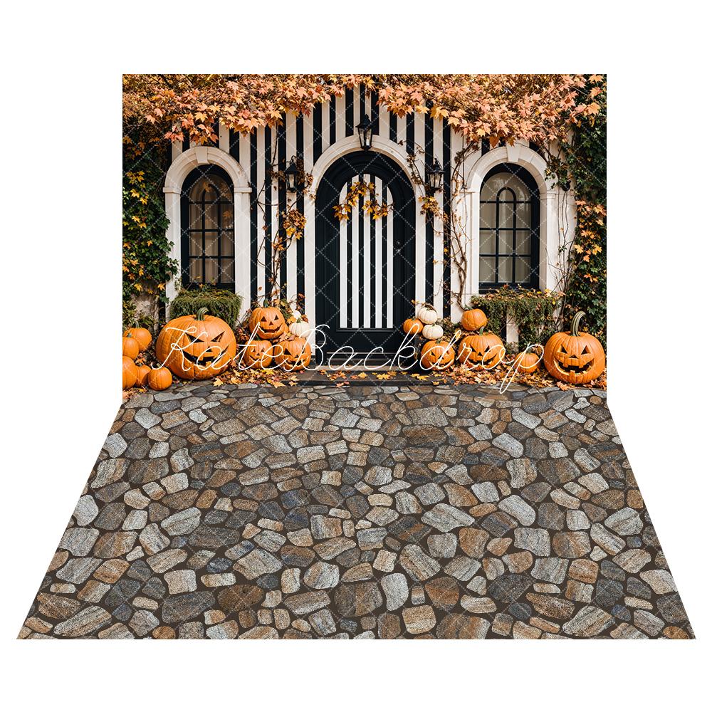 Kate Halloween Striped Door Maple Pumpkin Backdrop+Brown Gray Stone Floor Backdrop -UK