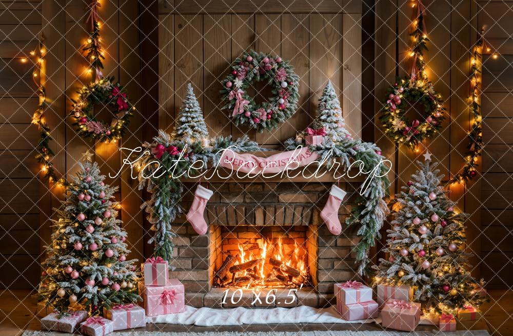 Kate Christmas Tree Fireplace Pink Gift Box Backdrop Designed by Emetselch -UK