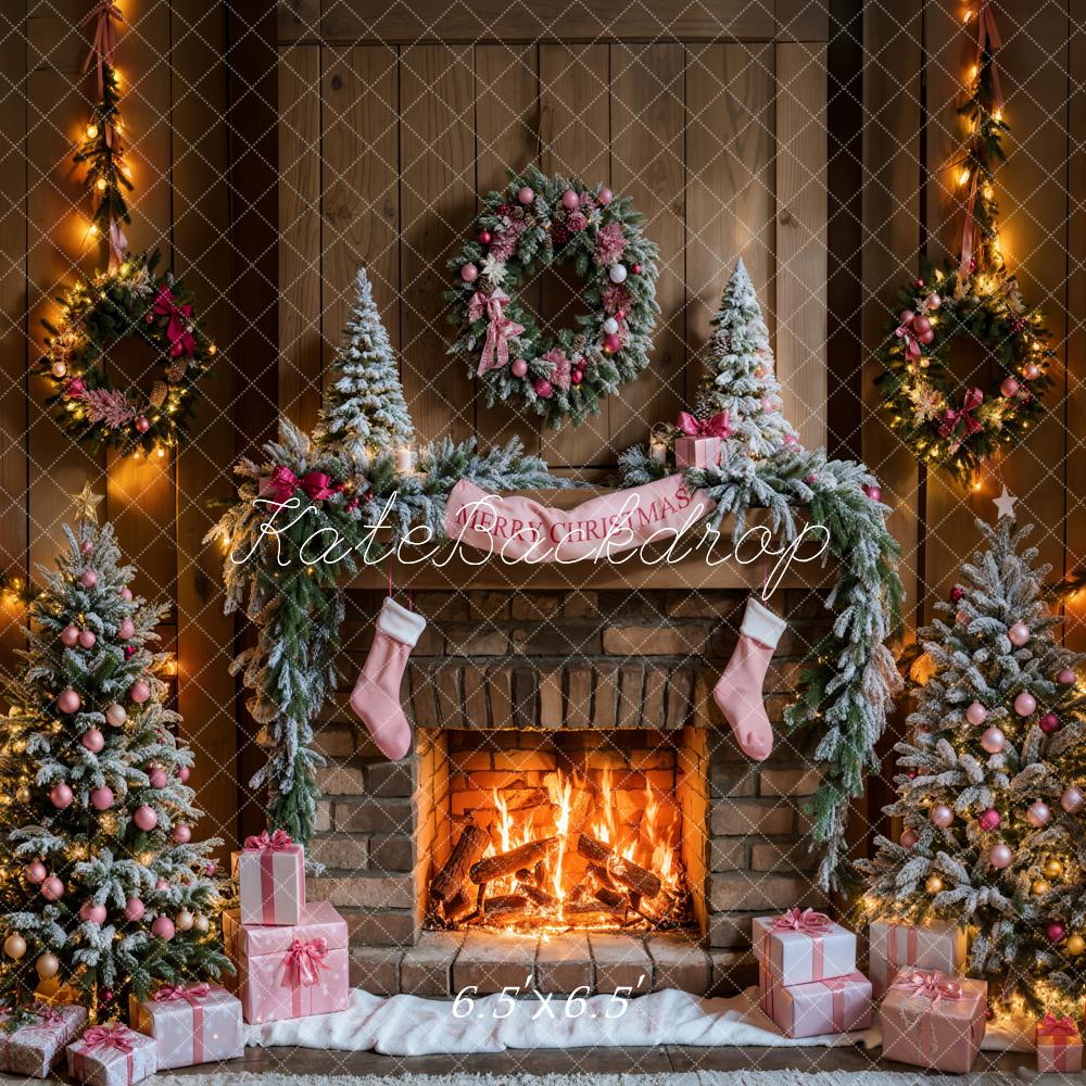 Kate Christmas Tree Fireplace Pink Gift Box Backdrop Designed by Emetselch -UK