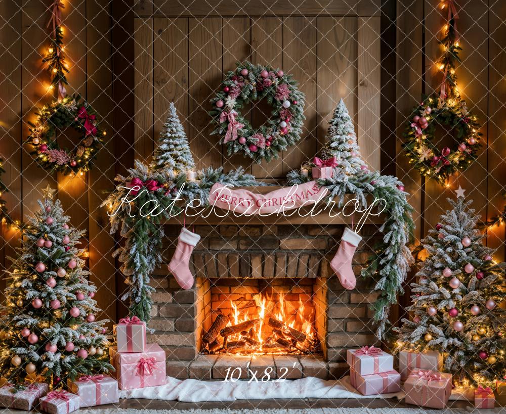 Kate Christmas Tree Fireplace Pink Gift Box Backdrop Designed by Emetselch -UK