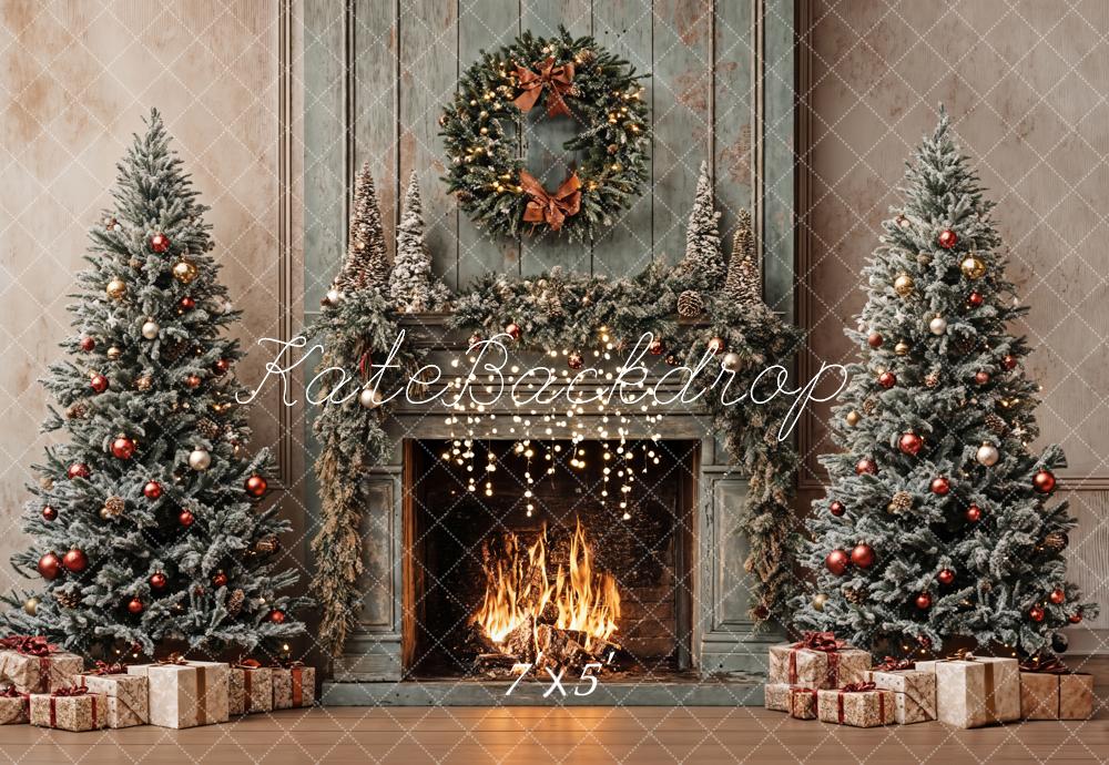 Kate Christmas Tree Vintage Fireplace Khaki Walls Backdrop Designed by Emetselch -UK