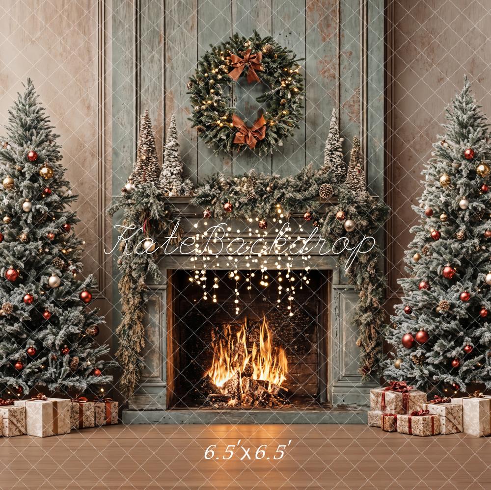 Kate Christmas Tree Vintage Fireplace Khaki Walls Backdrop Designed by Emetselch -UK