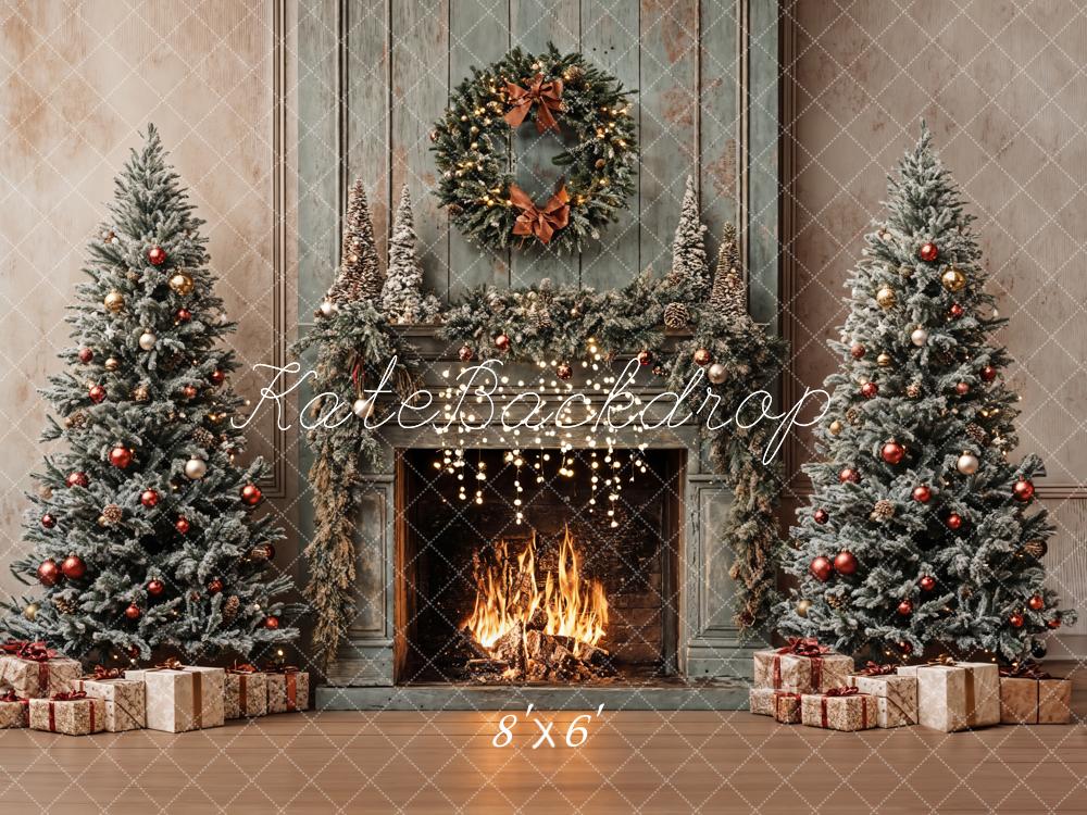 Kate Christmas Tree Vintage Fireplace Khaki Walls Backdrop Designed by Emetselch -UK