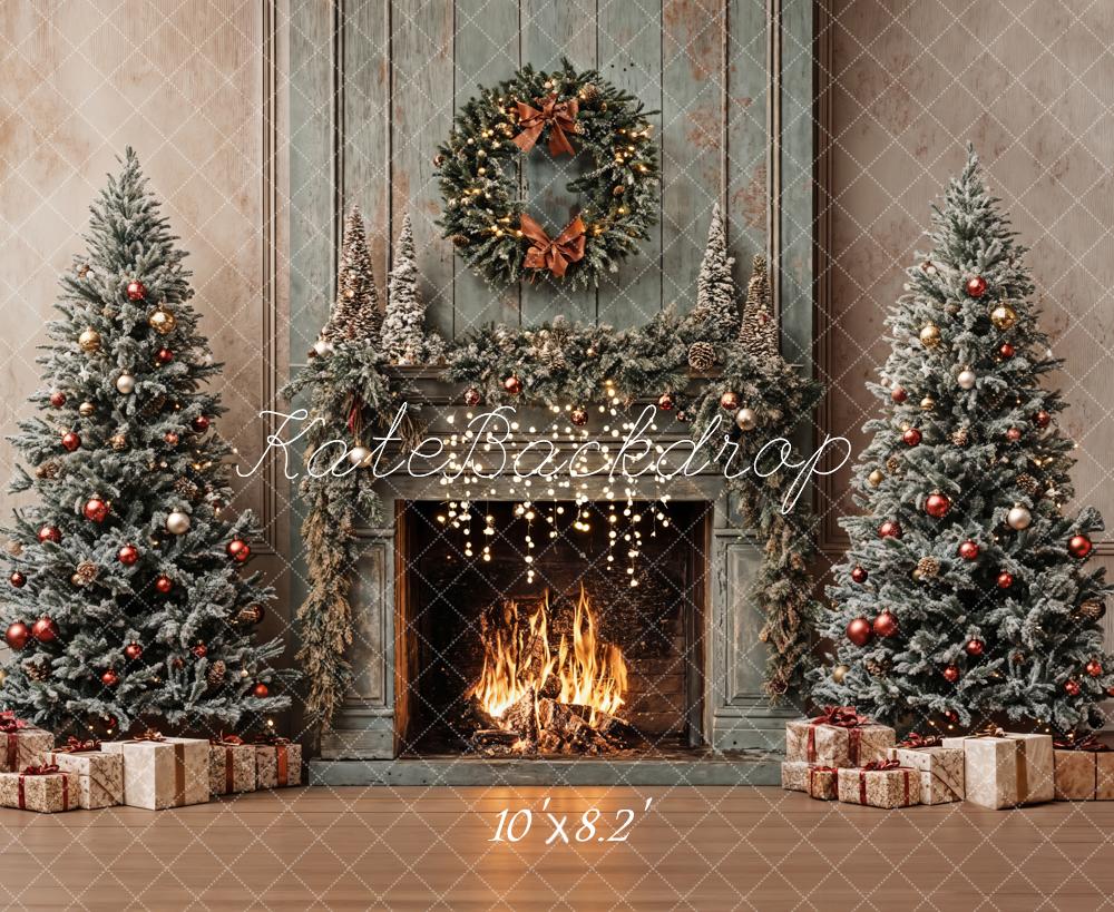 Kate Christmas Tree Vintage Fireplace Khaki Walls Backdrop Designed by Emetselch -UK