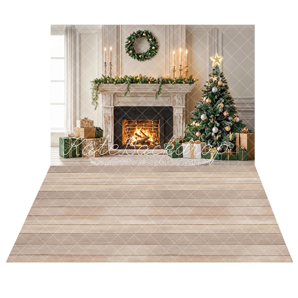 Kate Christmas Tree Fireplace Gift Box Backdrop+Light Brown Wooden Floor Backdrop