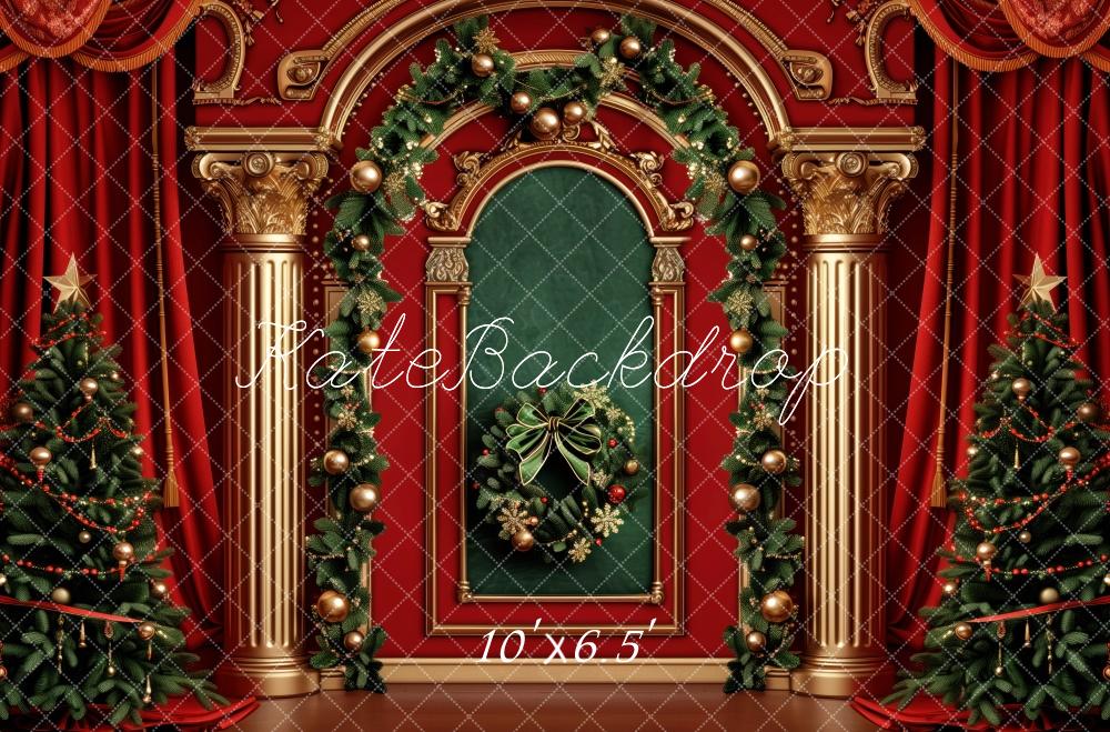 Kate Christmas Tree Red Curtains Retro Wall Backdrop Designed by Patty Robert -UK