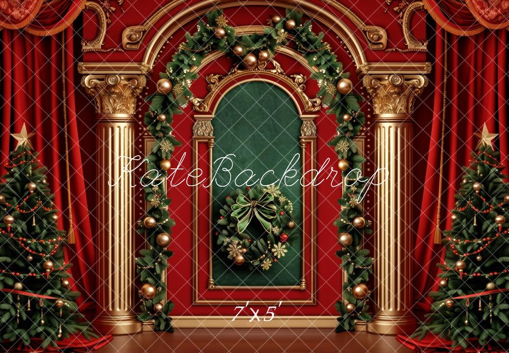 Kate Christmas Tree Red Curtains Retro Wall Backdrop Designed by Patty Robert -UK