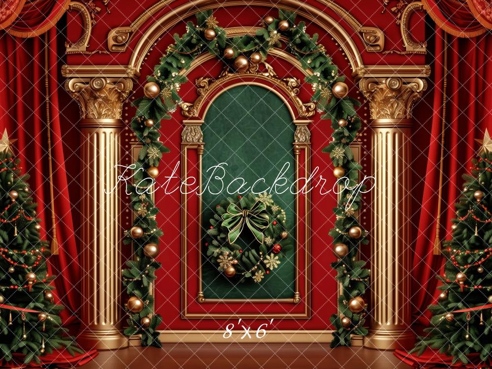 Kate Christmas Tree Red Curtains Retro Wall Backdrop Designed by Patty Robert -UK