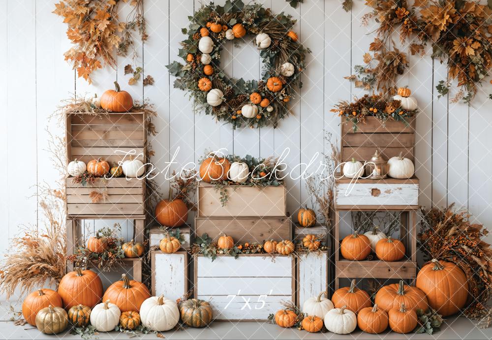 On Sale Kate Autumn Pumpkins Wreath White Wall Backdrop Designed by Emetselch -UK