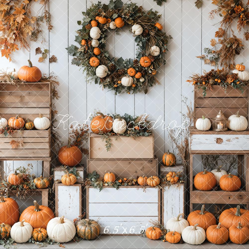 On Sale Kate Autumn Pumpkins Wreath White Wall Backdrop Designed by Emetselch -UK