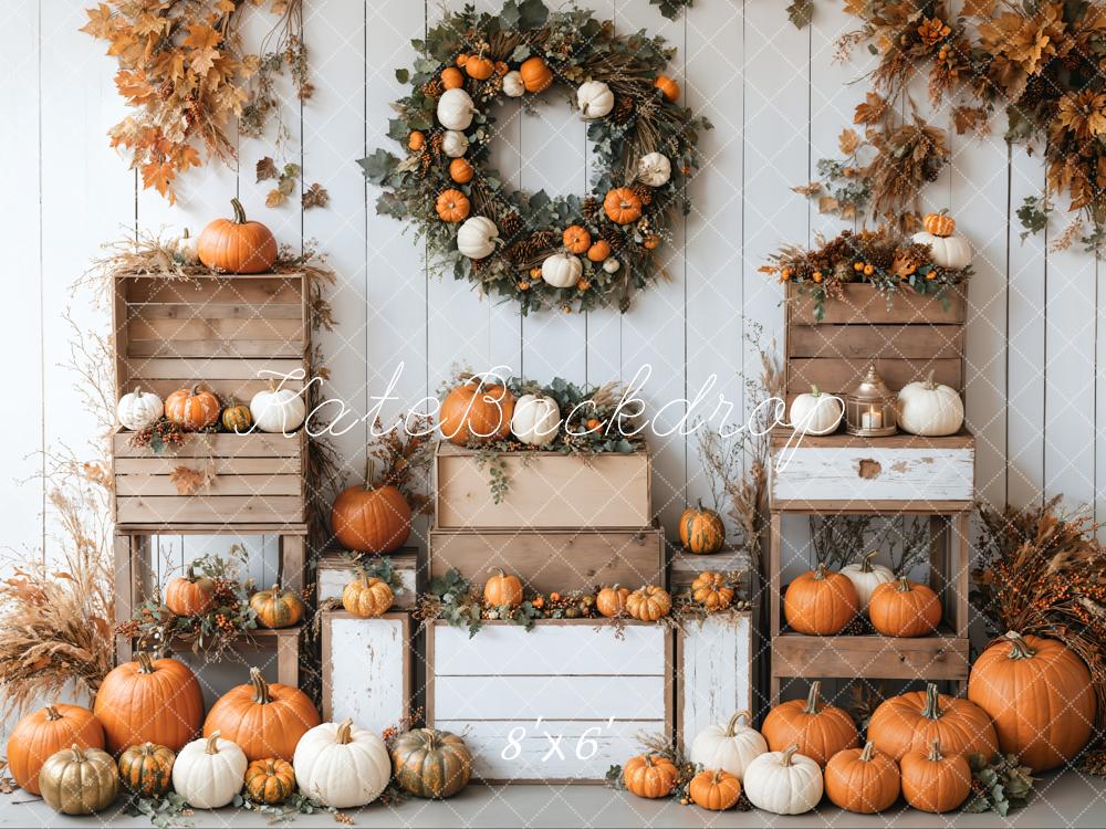 On Sale Kate Autumn Pumpkins Wreath White Wall Backdrop Designed by Emetselch -UK