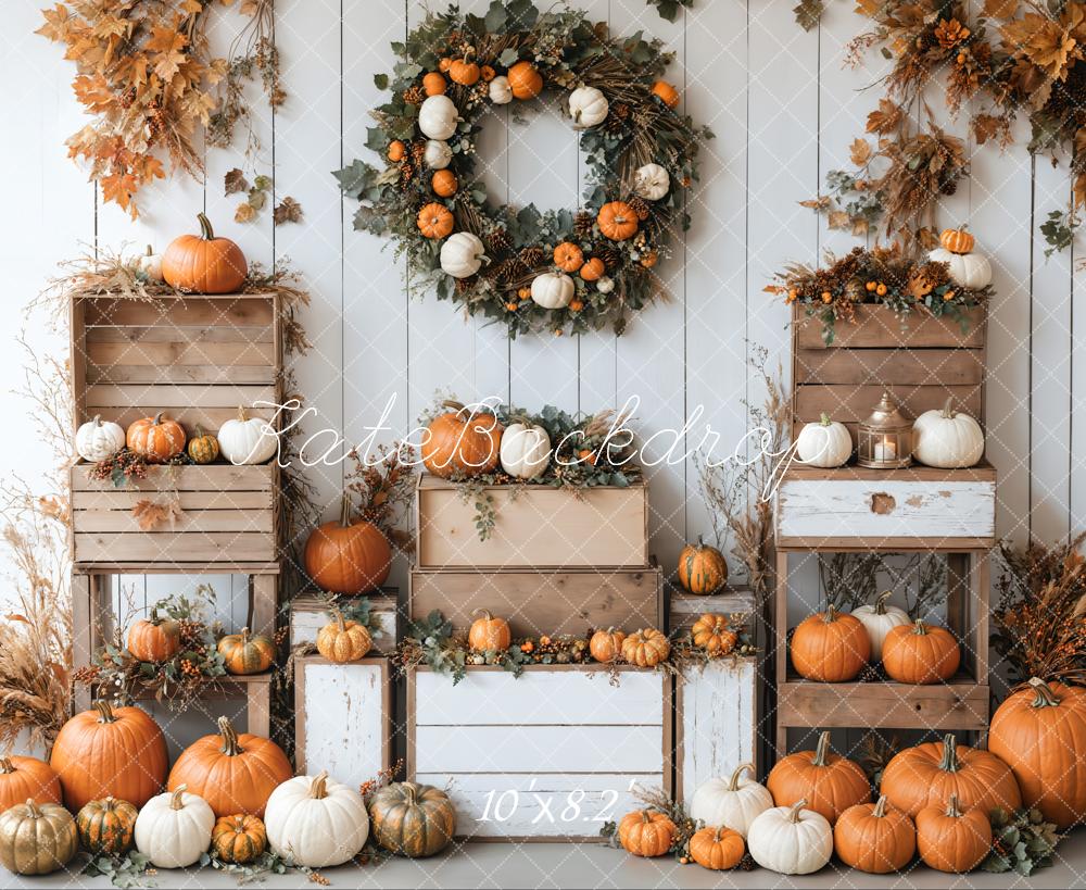 On Sale Kate Autumn Pumpkins Wreath White Wall Backdrop Designed by Emetselch -UK