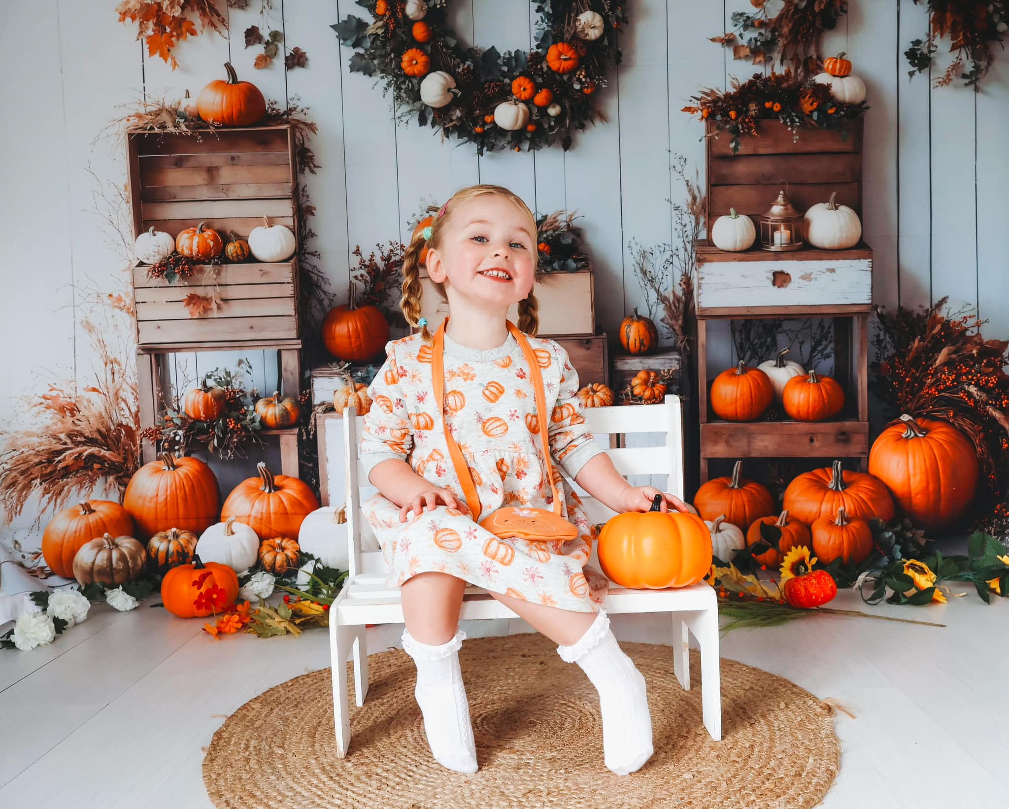 Kate Autumn Pumpkins Wreath White Wall Backdrop Designed by Emetselch -UK