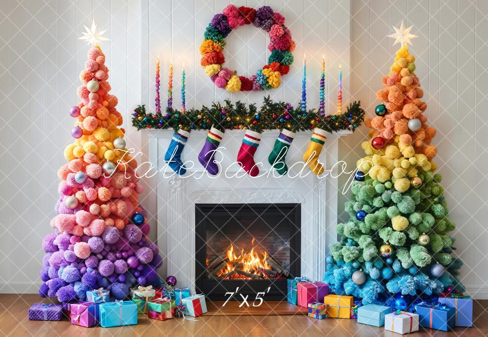 Kate Colorful Christmas Trees Fireplace Backdrop Designed by Emetselch -UK