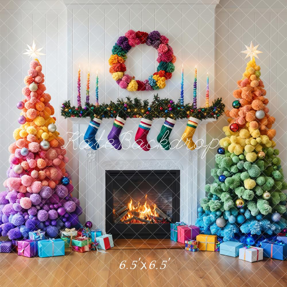 Kate Colorful Christmas Trees Fireplace Backdrop Designed by Emetselch -UK