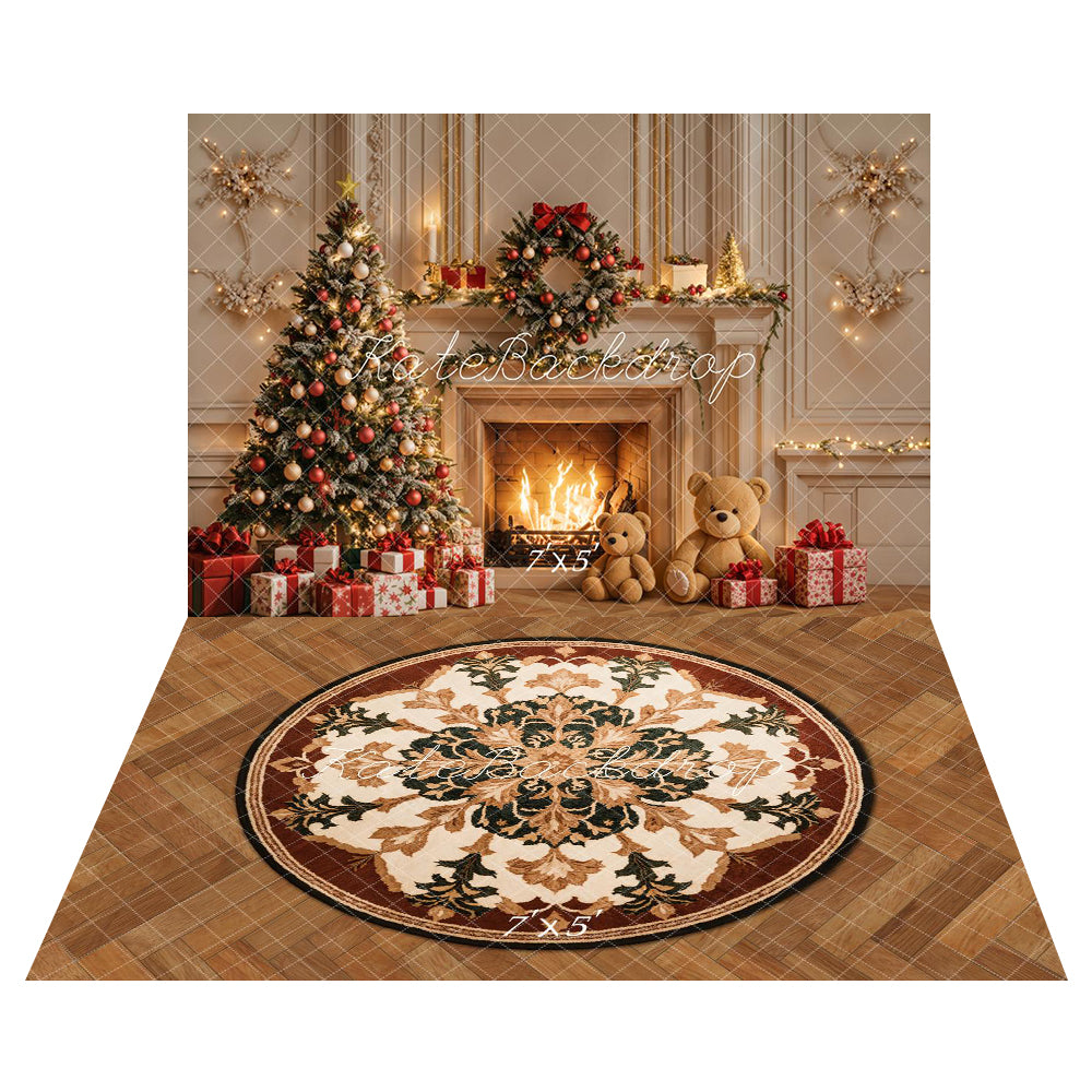 Kate Christmas Tree Fireplace Backdrop+Round Retro Floral Rug Floor Backdrop -UK