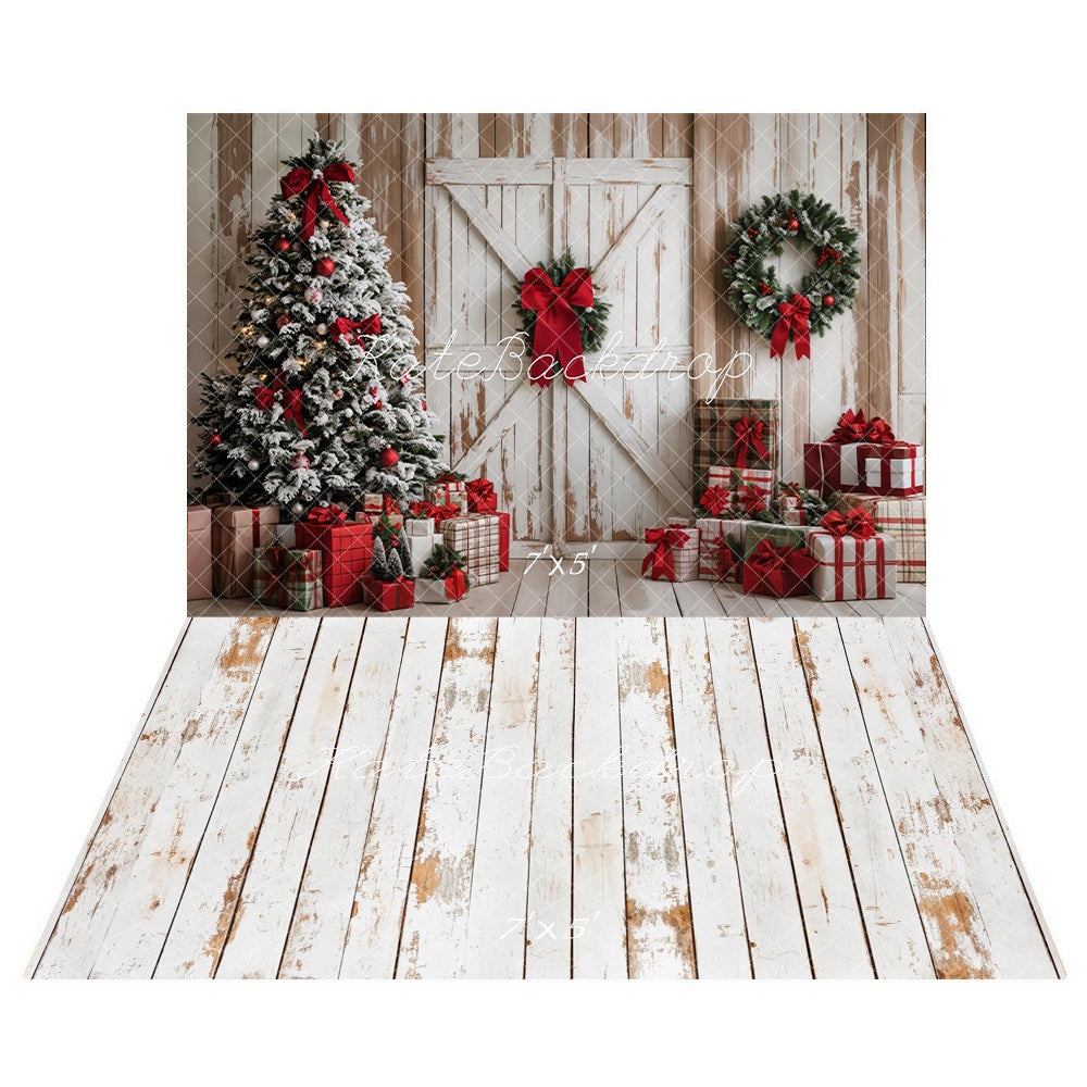 Kate Christmas Tree Wood Door Gifts Backdrop+Rustic White Wood Floor Backdrop -UK