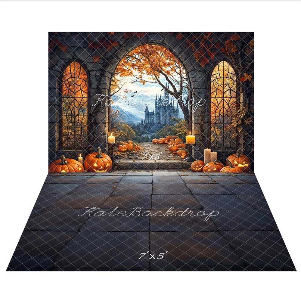 Kate Halloween Arch Maple Castle Pumpkin Backdrop+Stone Pavement Floor Backdrop -UK