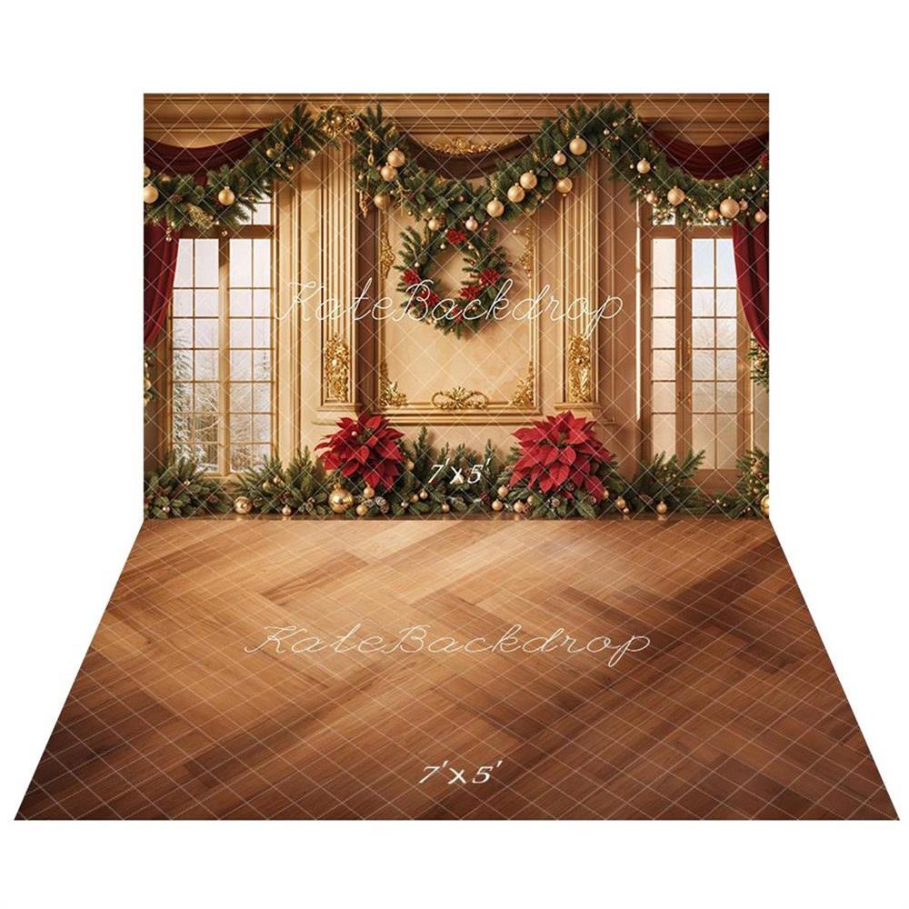 Kate Christmas Window Curtains Backdrop+Wooden Texture Floor Backdrop -UK