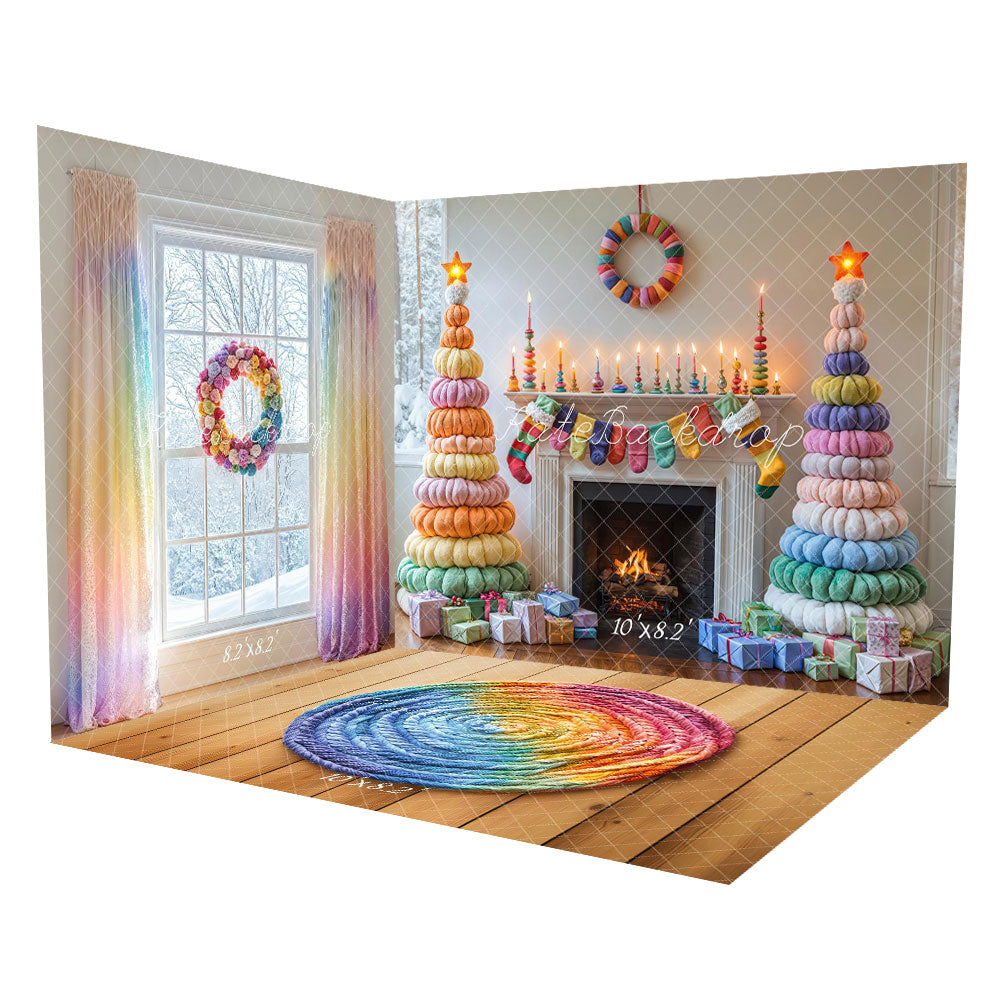 Kate Christmas Colorful Trees Fireplace Rainbow Curtains Room Set -UK