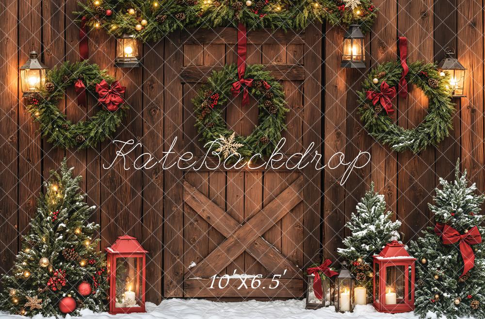 Kate Christmas Brown Wood Door Wreaths Backdrop Designed by Emetselch -UK