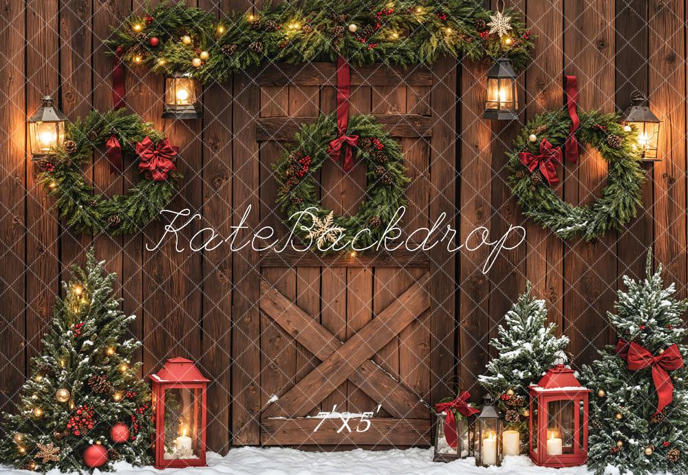 Kate Christmas Brown Wood Door Wreaths Backdrop Designed by Emetselch -UK