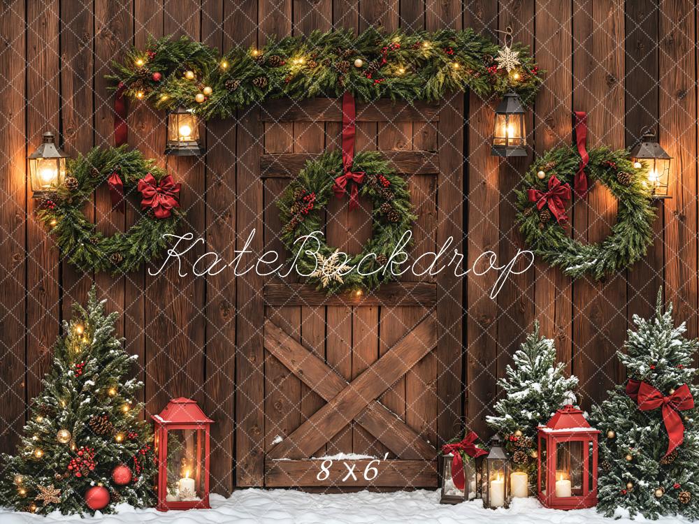 Kate Christmas Brown Wood Door Wreaths Backdrop Designed by Emetselch -UK