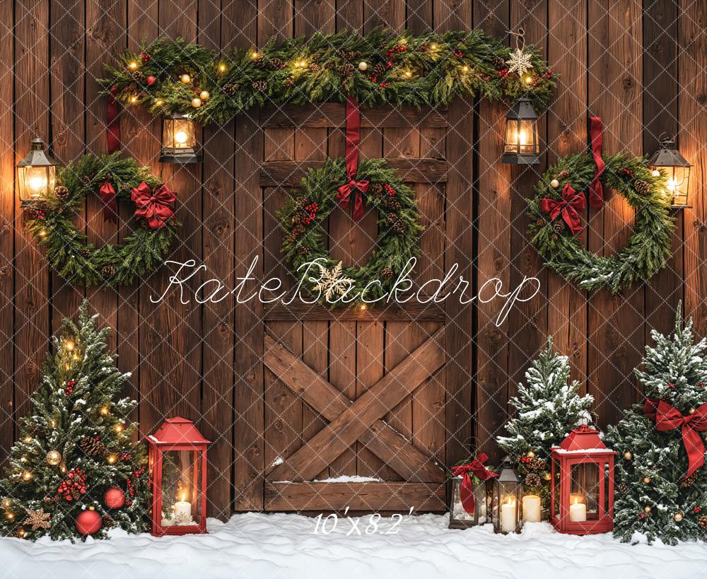 Kate Christmas Brown Wood Door Wreaths Backdrop Designed by Emetselch -UK