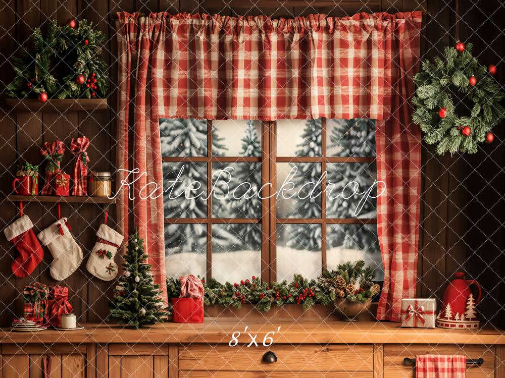 Kate Christmas Red Plaid Curtains Window Backdrop Designed by Emetselch -UK