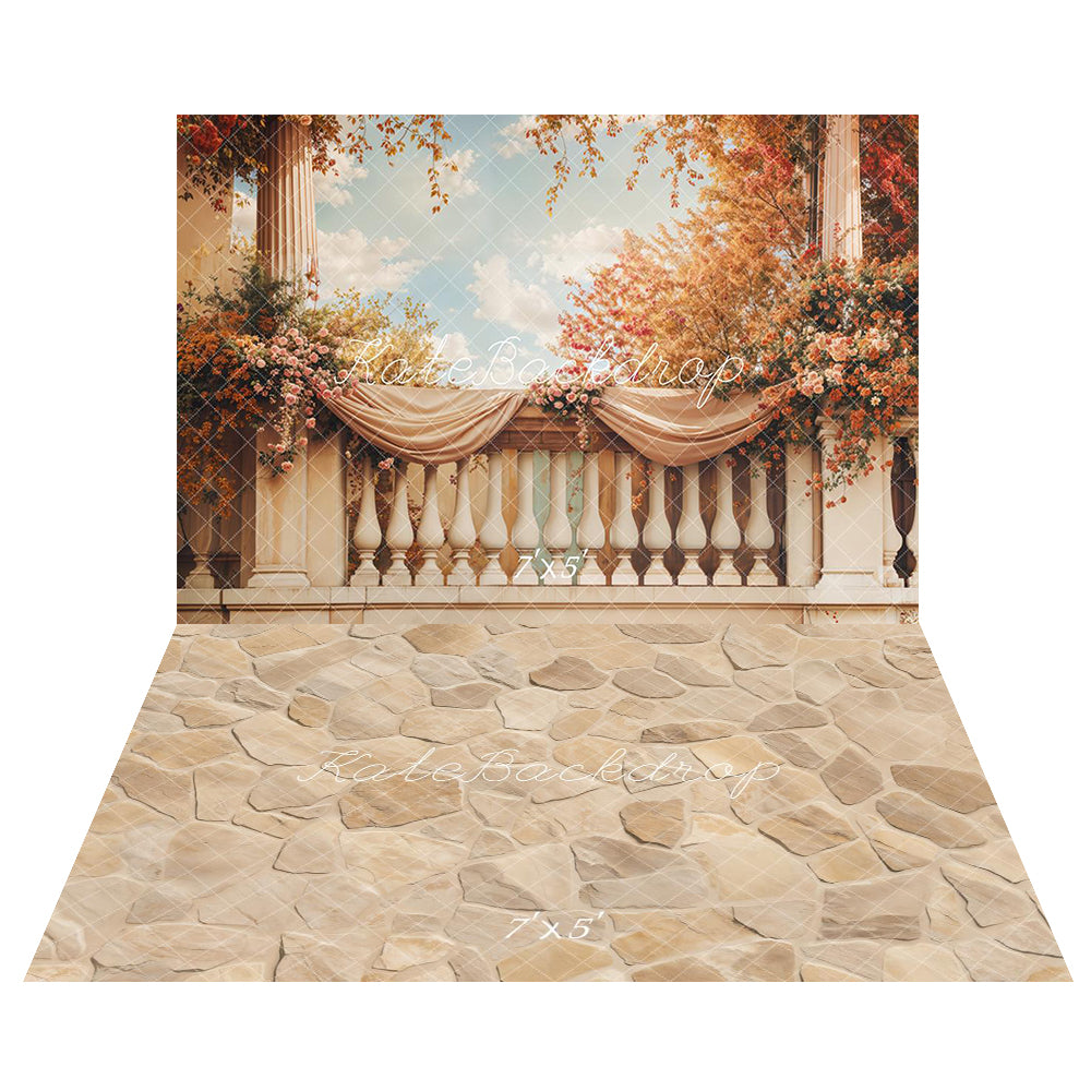 Kate Autumn Fine Art Floral Balcony Backdrop+Beige Stone Texture Floor Backdrop -UK