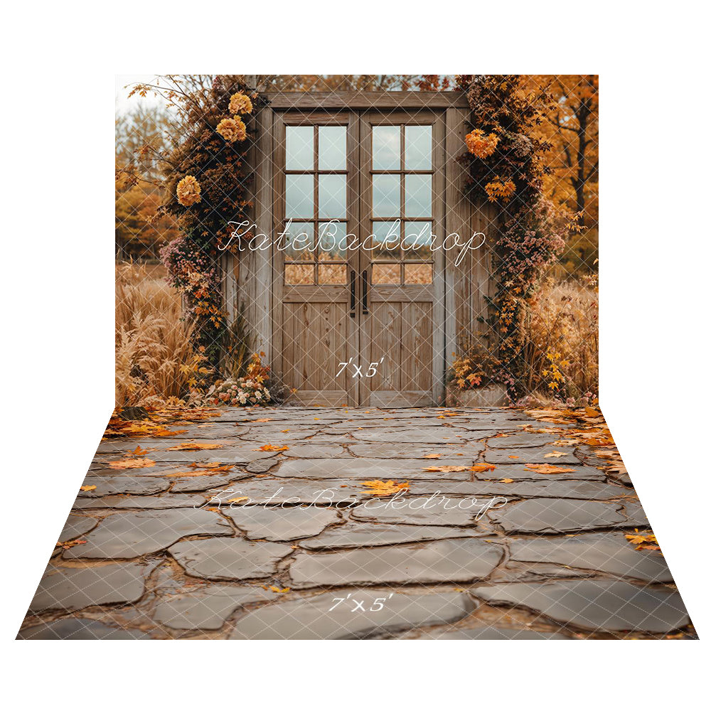 Kate Autumn Vintage Wooden Door Backdrop+Gray Cobblestone Road Floor Backdrop -UK