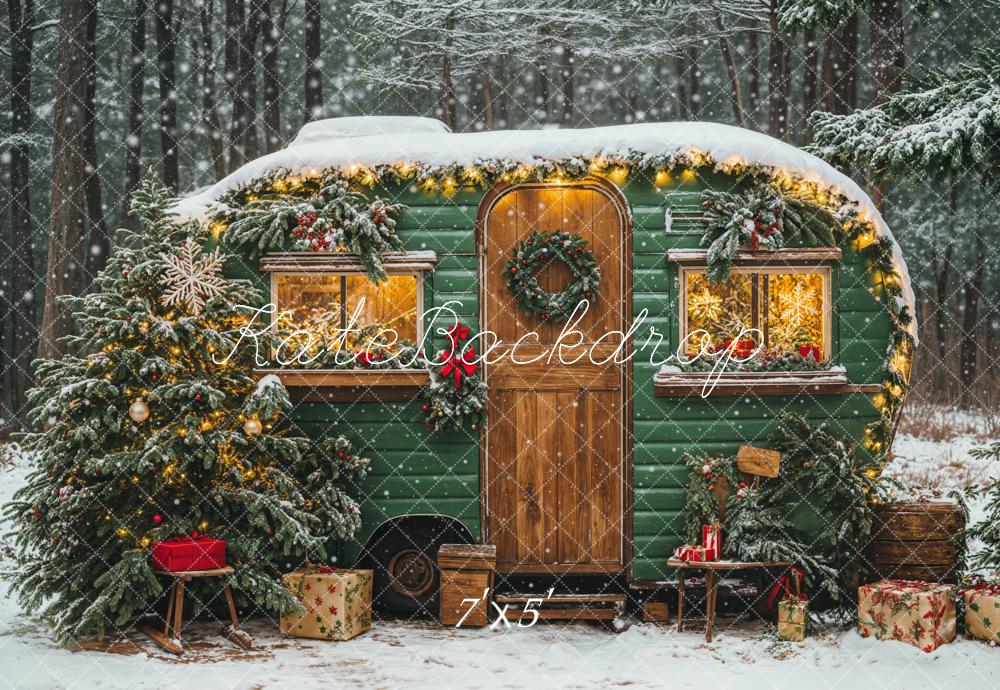 Kate Christmas Green Camping Car Snow Tree Backdrop Designed by Emetselch -UK