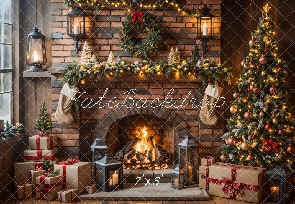 Kate Christmas Fireplace Tree Brick Wall Backdrop Designed by Emetselch -UK