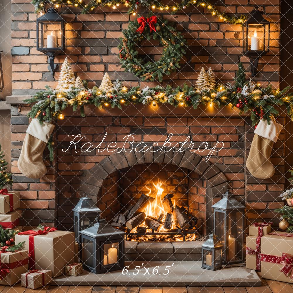 Kate Christmas Fireplace Tree Brick Wall Backdrop Designed by Emetselch -UK