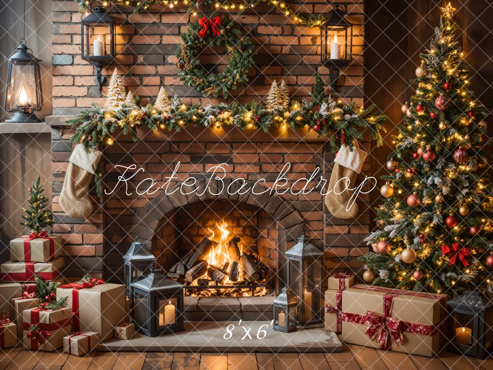 Kate Christmas Fireplace Tree Brick Wall Backdrop Designed by Emetselch -UK