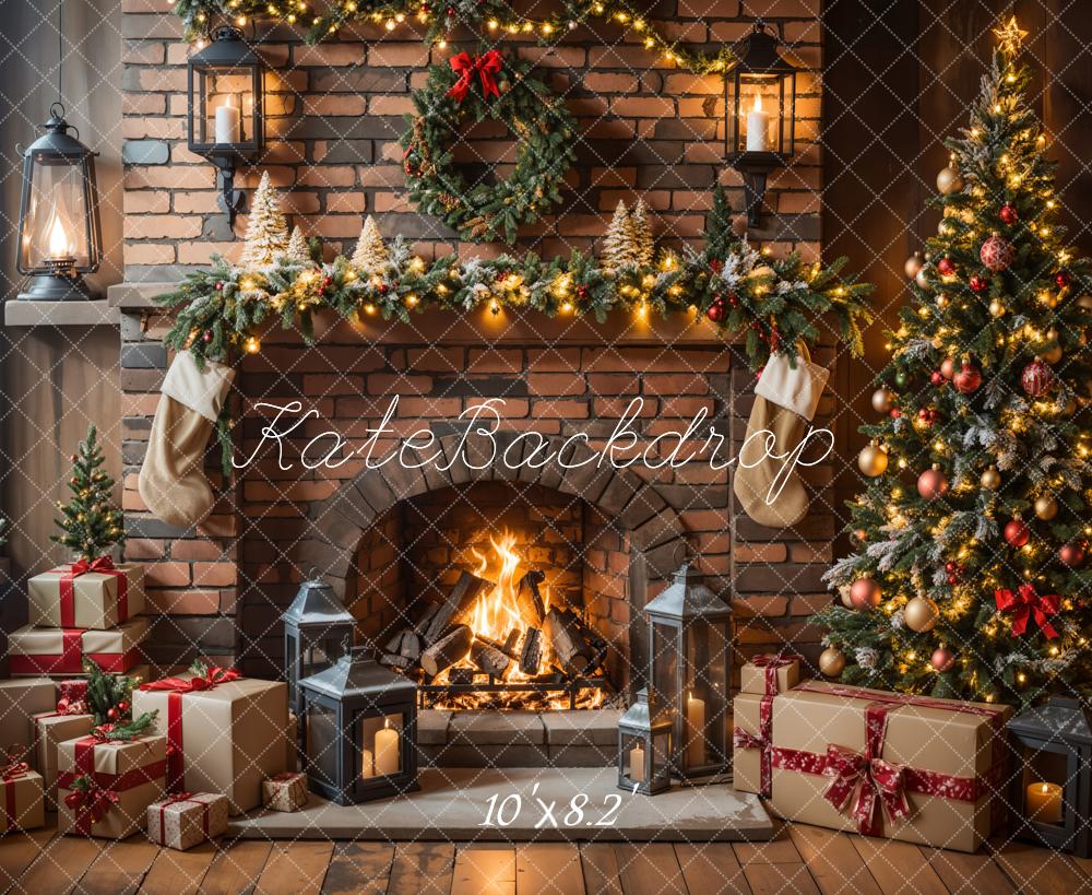 Kate Christmas Fireplace Tree Brick Wall Backdrop Designed by Emetselch -UK