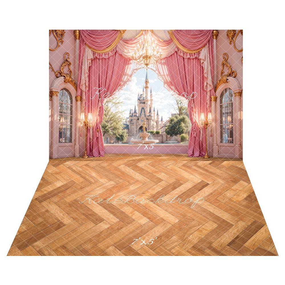 Kate Castle Pink Curtains Window Backdrop+Herringbone Pattern Wooden Floor Backdrop -UK