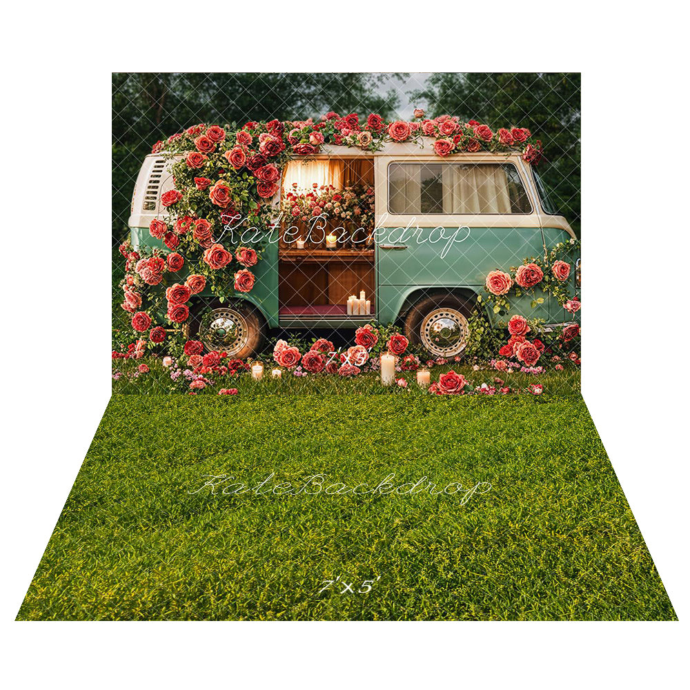 Lightning Deals Kate Valentine's Day Floral Campervan Backdrop+Green Grass Field Floor Backdrop -UK