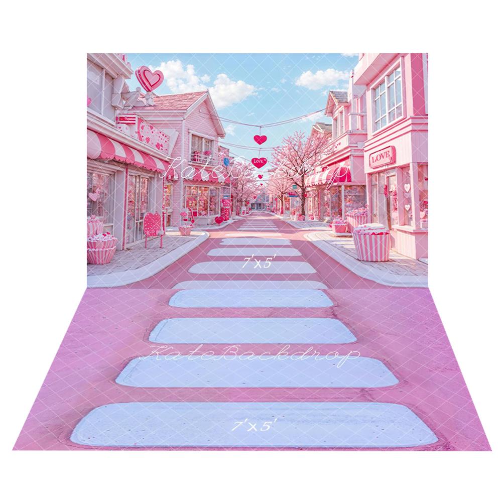 Kate Pink Love Street Cupcake Backdrop+Pink Cascading Stairs Floor Backdrop -UK