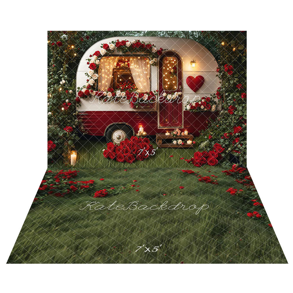 Kate Valentine's Day Romantic Flower Camper Backdrop+Grass Red Roses Floor Backdrop -UK