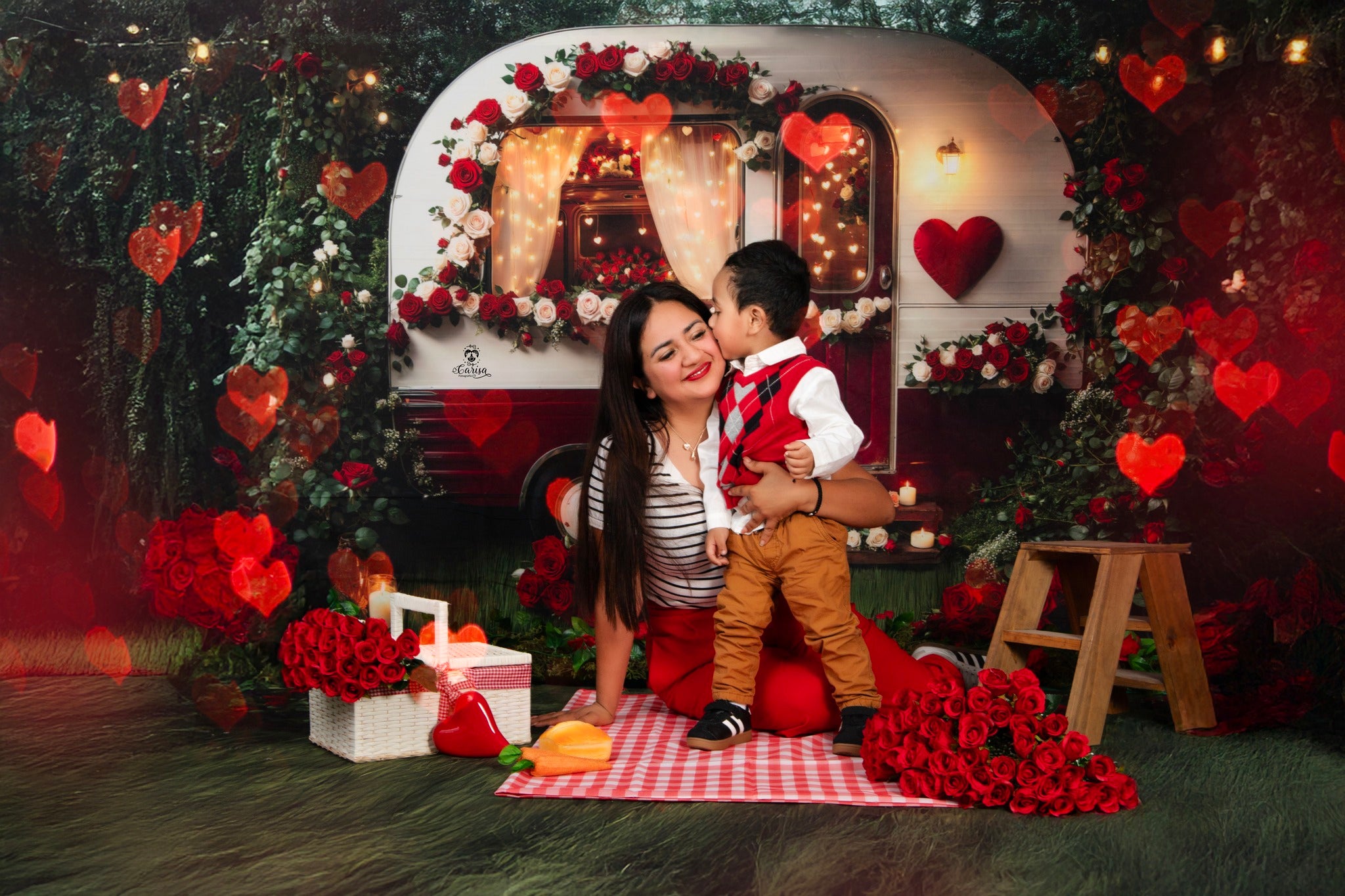 Kate Valentine's Day Romantic Flower Camper Backdrop+Grass Red Roses Floor Backdrop