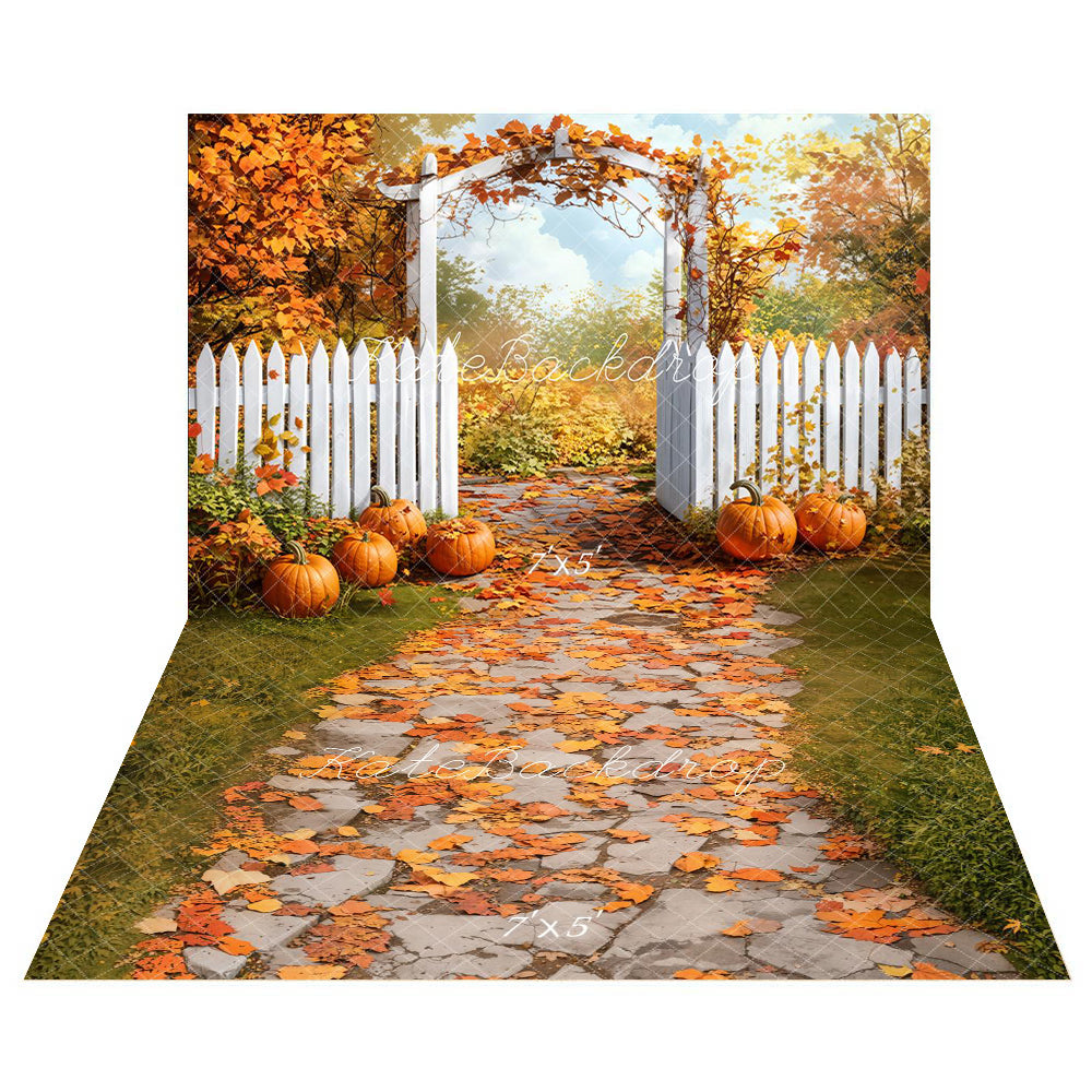 Kate Autumn Garden Fence Pumpkin Backdrop+Leaves Pathway Cobblestone Floor Backdrop -UK