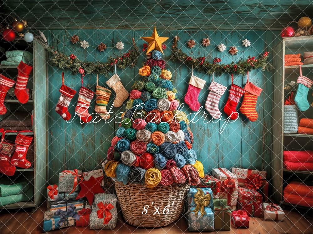 Lightning Deals Kate Colorful Christmas Stockings Tree Backdrop Designed by Laura Bybee -UK