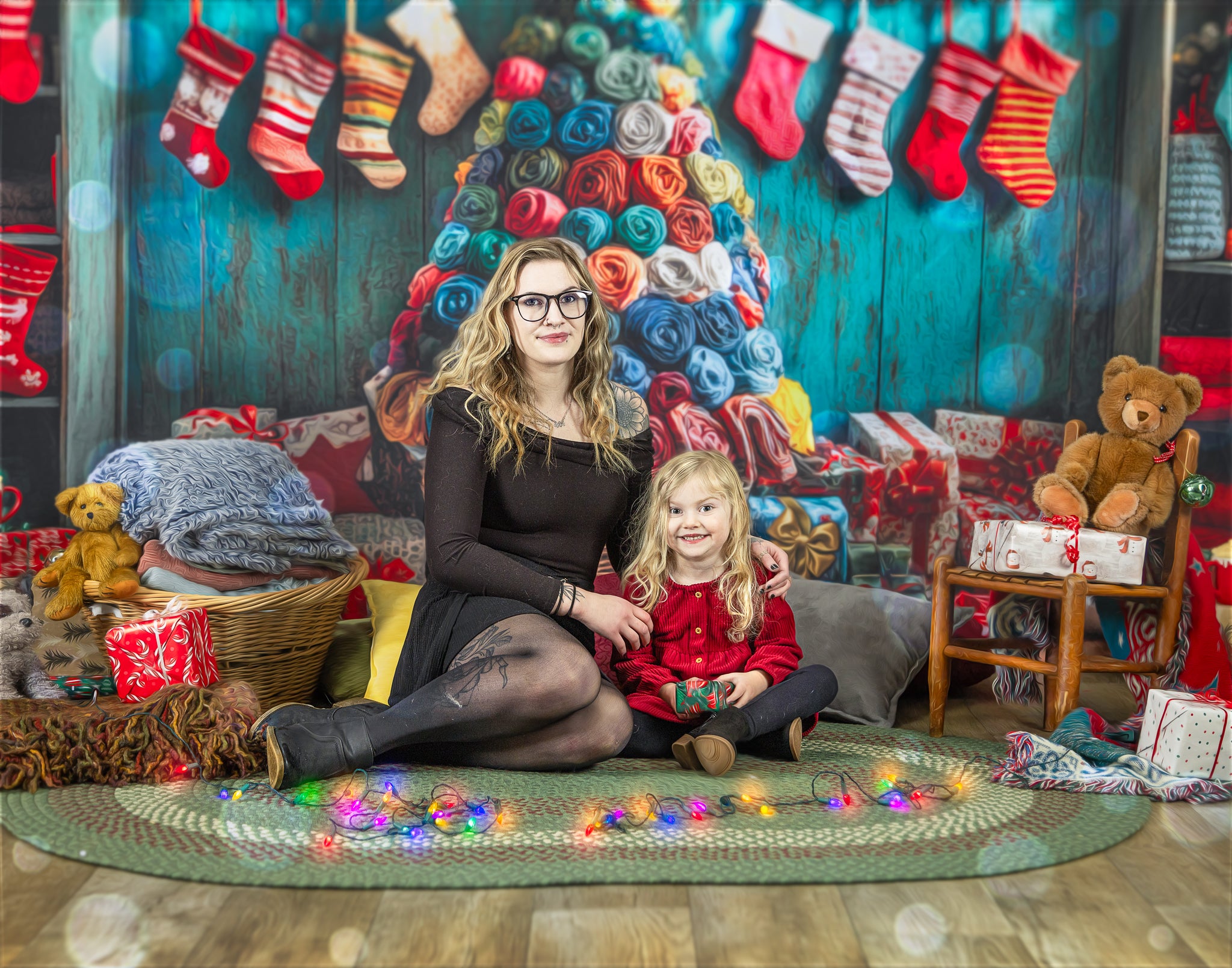 Kate Colorful Christmas Stockings Tree Backdrop Designed by Laura Bybee -UK