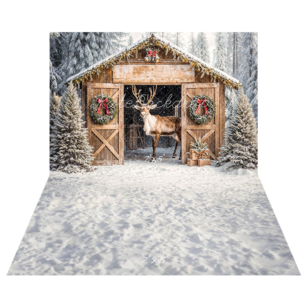 Kate Christmas Reindeer Wooden Cabin Backdrop+Winter Snow Texture Floor Backdrop -UK