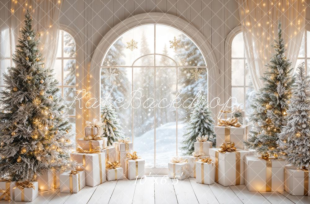 Kate White Arch Window With Christmas Tree Gifts Backdrop Designed by Emetselch -UK